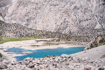 View of Lake Kulikalon and the Kulikalon Basin from a mountainside in the Fan Mountains in...