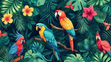 Vibrant tropical leaves and flowers with colorful parrots and butterflies. Seamless pattern. Vector illustration.