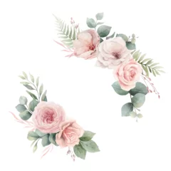 Foto op Aluminium Blush pink roses flowers and eucalyptus leaves. Watercolor vector floral wreath. Rustic wedding greenery, save the date card, stationary, greetings, fashion.  Hand painted illustration. © ElenaMedvedeva