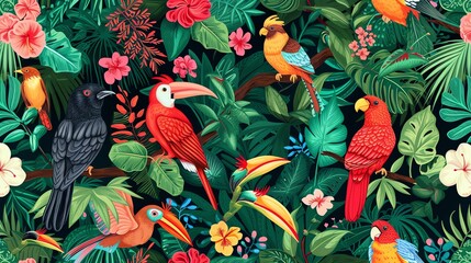 Colorful tropical birds sit on branches among lush foliage with bright flowers. Seamless vector pattern. - Powered by Adobe