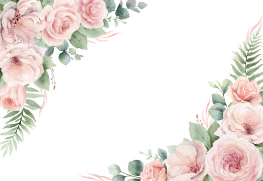 Floral vector border frame with pink roses flowers, eucalyptus branches and leaves. Perfect for wedding stationery, greetings, wallpapers, fashion, fabric, home decoration. Hand painted illustration.
