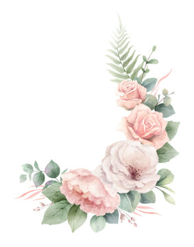 Dusty pink roses flowers and eucalyptus leaves. Watercolor vector floral wreath. Foliage arrangement for wedding invitations, greetings, wallpapers, fashion, decoration. Hand painted illustration.