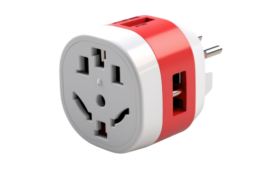Red and White Travel Adapter Plug. On a Clear PNG or White Background.