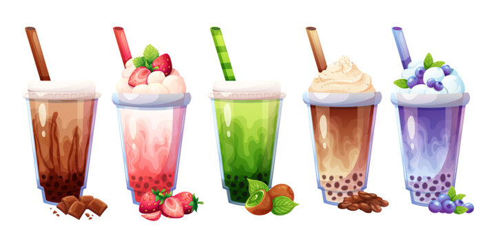 Boba tea, milk bubble tea collection, set. Vector image of drink with icons of flavors. Strawberries, chocolate, coffee, kiwi and blueberries