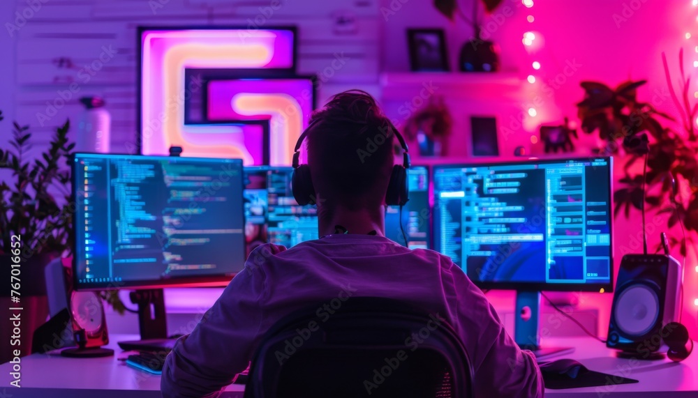 Poster professional gamer playing online games on computer and streaming live stream in neon style.