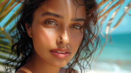 Indian models with supple skin and beautiful lips, beach backgrounds with beach tropical holiday vibes. Generative AI. - obrazy, fototapety, plakaty