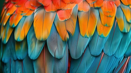 Vibrant closeup of colorful parrot feathers with bright orange, yellow, green and blue. Detailed exotic tropical bird plumage texture background.