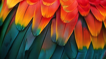Colorful parrot feathers close up. Bright red, orange, yellow, green and blue colors. Beautiful exotic bird plumage texture. Vibrant colors of nature. - Powered by Adobe