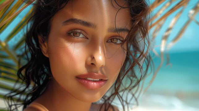 Indian models with supple skin and beautiful lips, beach backgrounds with beach tropical holiday vibes. Generative AI.