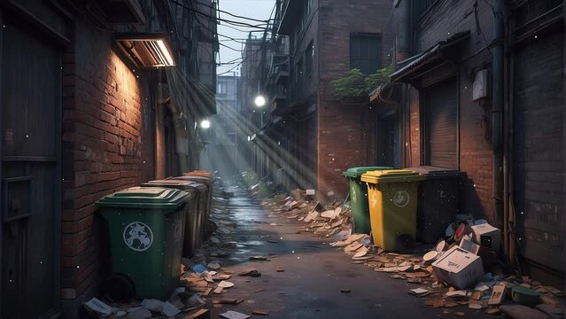 Dive into the raw reality of city life as you witness a dirty alley with a street trash can brimming with garbage, depicted in detailed 4K video footage