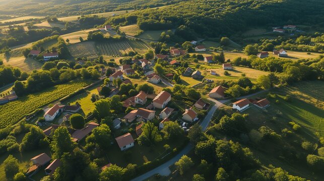 An aerial shot of a small village nestled in the rolling hills of the countryside.