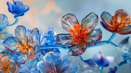 Elegant glass flowers in blue and orange hues. The perfect addition to any home or office.