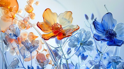3D rendering of beautiful glass flowers. Orange and blue flowers with intricate details and realistic textures.