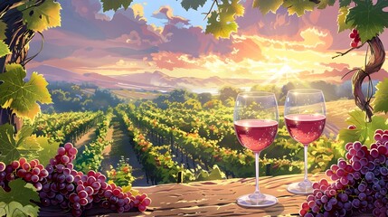 Scenic Vineyard Landscape with Wine Glasses and Ripe Grapes in the Golden Sunset - obrazy, fototapety, plakaty