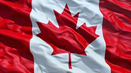 A flag of Canada blowing in the wind. The flag is red and white, with a red maple leaf in the center.