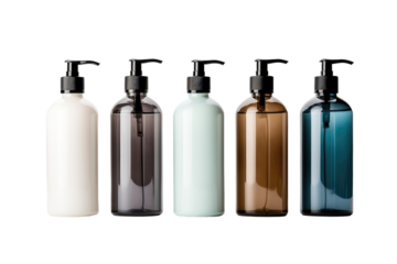 Set of Four Bottles With Soap Dispensers. On a Clear PNG or White Background.