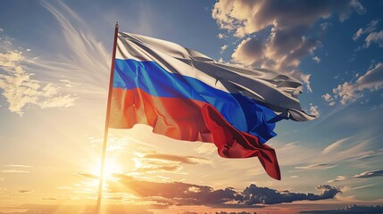 A flag of Russia waving in the wind. The flag is blowing in the wind and the sun is shining behind it.