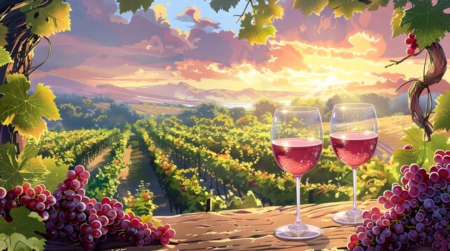Scenic Vineyard Landscape with Wine Glasses and Ripe Grapes in the Golden Sunset