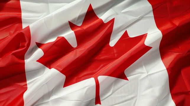 A flag of Canada with a red maple leaf on a white background. The flag is blowing in the wind.