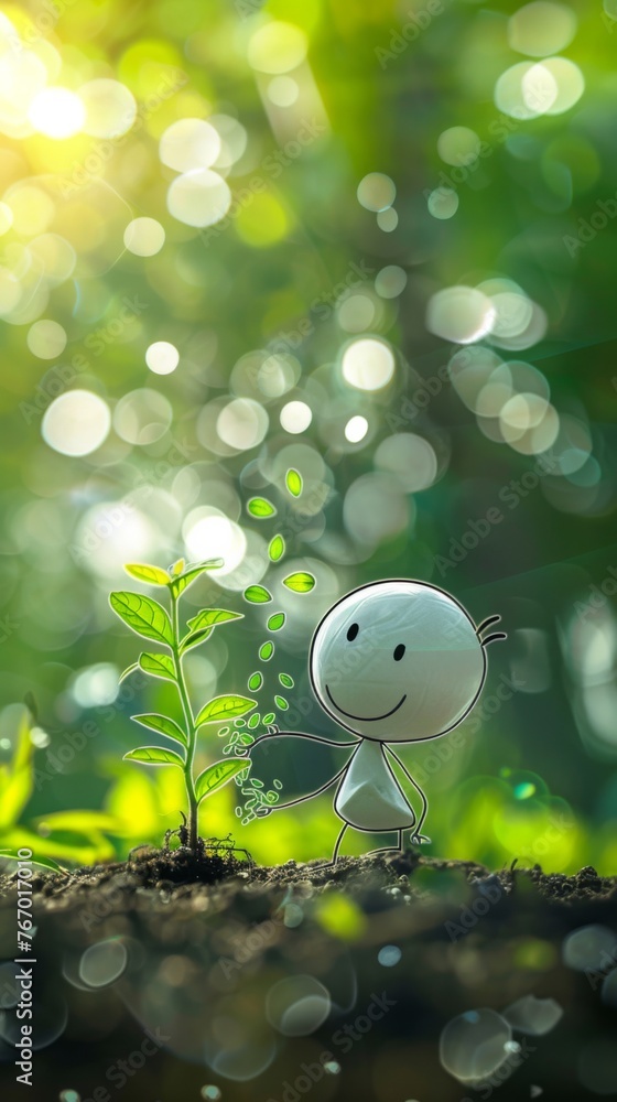 Wall mural A white figure with a smile on his face plants small plant seeds in the ground (line art). The background is a flower garden with bokeh effect with glowing green and white light points, with sunlight