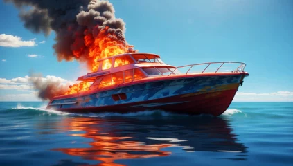 Fotobehang A burning yacht at sea © AMERO MEDIA