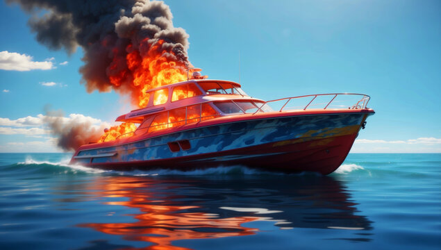 A burning yacht at sea