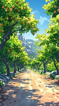 Vibrant Pistachio Orchard with Lush Foliage and Winding Pathway Under a Serene Sky