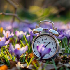 Alarm clock among blooming crocuses, spring forward concept. Spring time change, first spring flowers, daylight saving time. Daylight savings, lose an 