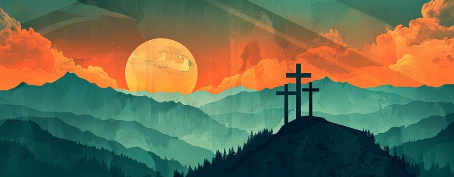 Three crosses on the mountain top, illustration, flat design, orange and teal color palette, digital art style, textured background