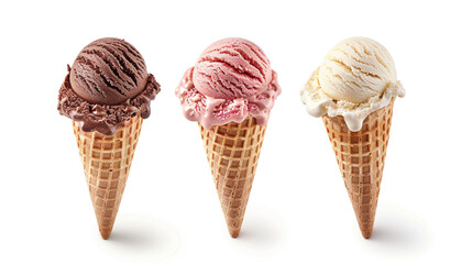 Trio of chocolate, vanilla, and strawberry ice cream cones on white with clipping path.