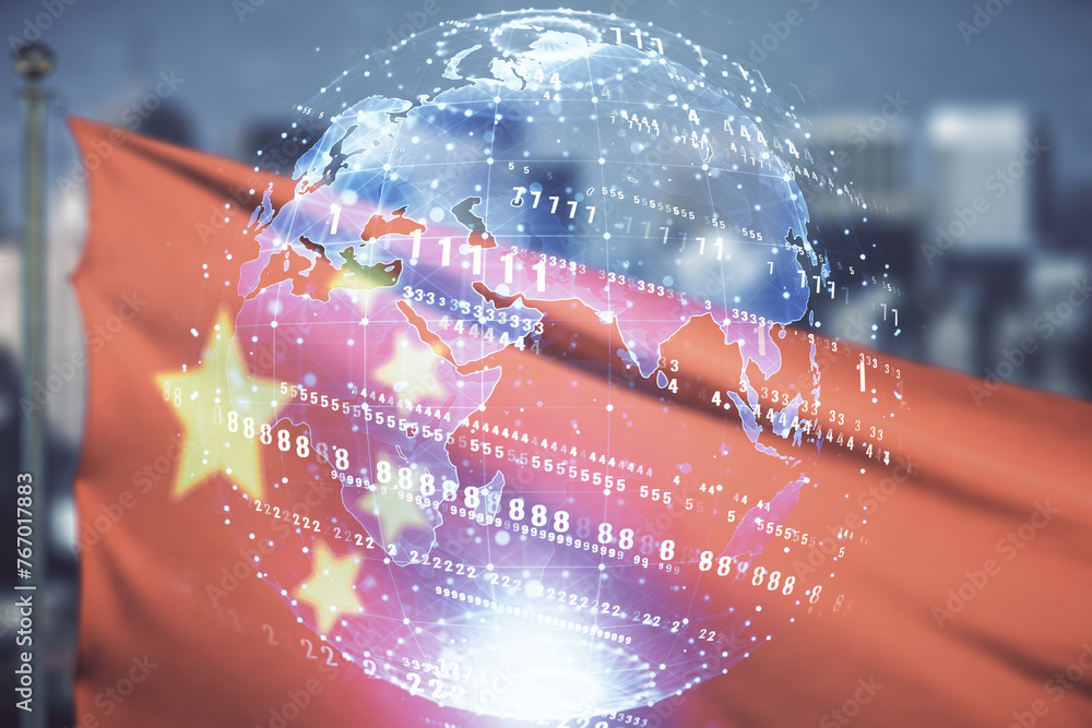 Poster double exposure of abstract creative programming illustration and world map on chinese flag and city