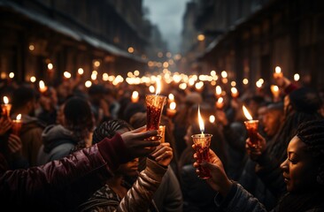 a group of people holding up candles - obrazy, fototapety, plakaty