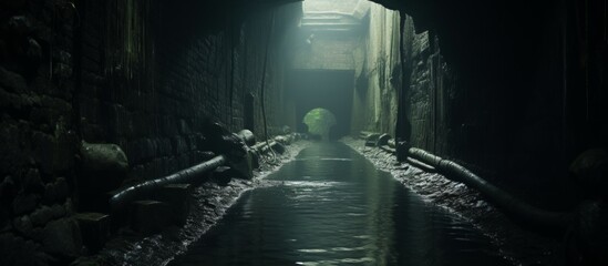 A dark tunnel flooded with water leads to a cityscape, with a distant light at the end symbolizing...