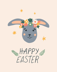 Easter bunny with wreath flower decor. Spring Easter card lettering and flowers. Cute vector illustration for advent, greeting card, banner, t shirt, print, decoration and more.
