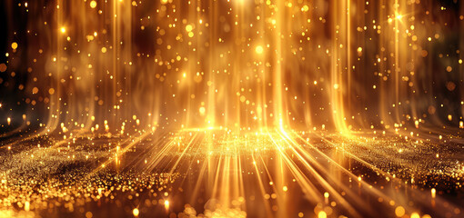 Golden vertical lines of light, some particles are scattered from the light. Generative AI.