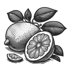 Fotobehang lemon citrus fruit, lemon slice, and leaves sketch engraving generative ai fictional character raster illustration. Scratch board imitation. Black and white image. © Oleksandr Pokusai