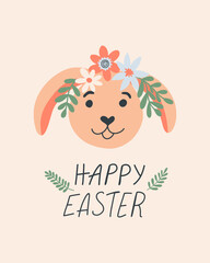 Easter bunny with wreath flower decor. Spring Easter card. Cute vector illustration for advent, greeting card, banner, t shirt, print, decoration and more.