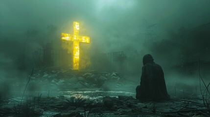a person sitting in front of a large yellow cross - obrazy, fototapety, plakaty