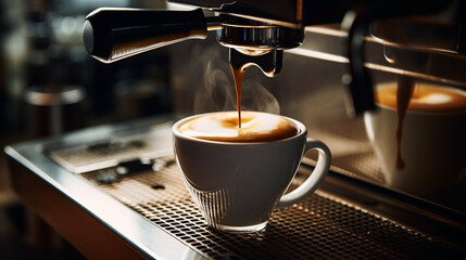 Pouring coffee into cup from cappuccino machine - obrazy, fototapety, plakaty
