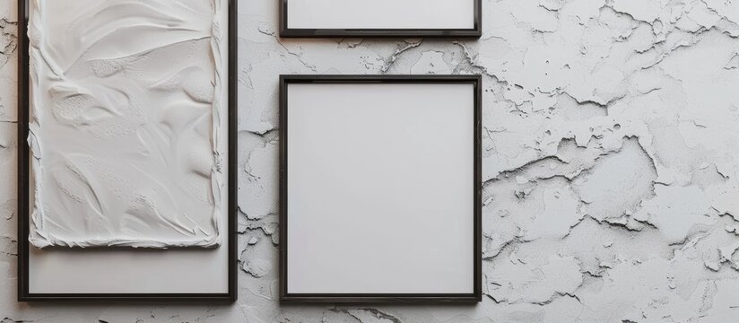 Empty picture frame display on a textured white wall