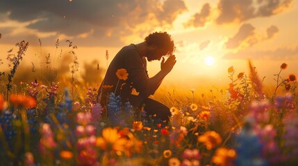 a man kneeling in a field of flowers with his hands together - obrazy, fototapety, plakaty