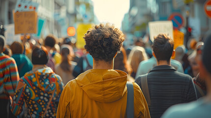 photograph of a peaceful protest of diverse multi-culture crowd telephoto lens photorealistic extreme close-up daylight