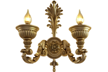 Elegant Gold Chandelier With Two Lights. On a Clear PNG or White Background.