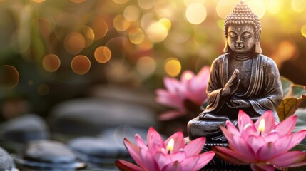 buddha statue with lotus flowers and candle in the background