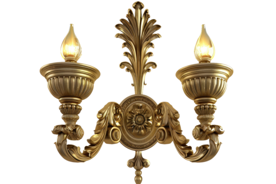 Elegant Gold Chandelier With Two Lights. On a Clear PNG or White Background.
