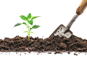 Shovel Digging Dirt With a Plant. On a Clear PNG or White Background.