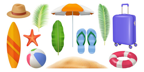 Summer season tropical vacation or rest items. Vector isolated set of baggage and lifebuoy, palm and banana tree leaves. Surfing board and hat, volleyball ball and flip flops, sand and sea star