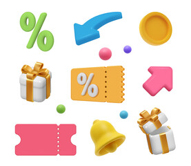 Shopping voucher tickets and coupons with reduction of price. Vector isolated realistic icons of percent, money and arrows, notification bell and empty admission ticket or paper with deal