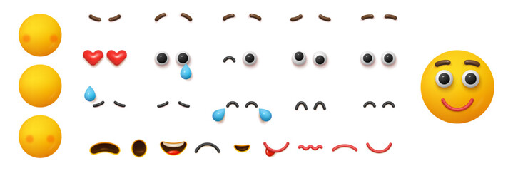 Emotions creation, construction or editor. Vector isolated avatar or mascot with facial expression, brows and eyes, tears and laughter feeling. Expression of emotion for social media