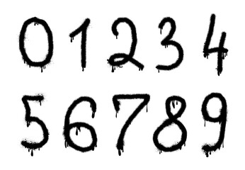 Realistic typeface, isolated numbers drawn in graffiti spray style. Vector numeric characters and digits with paint splashes and spilling, creative street art and urban trend decoration © Sensvector